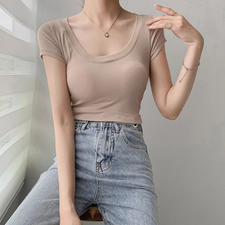 AOSSVIAO 100% Cotton T Shirt Women Summer New Slim Solid Basic Tees 16 Color Casual Tshirt Korean O Neck Khaki Tops