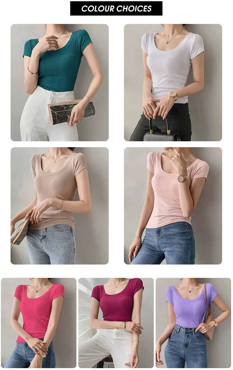 AOSSVIAO 100% Cotton T Shirt Women Summer New Slim Solid Basic Tees 16 Color Casual Tshirt Korean O Neck Khaki Tops
