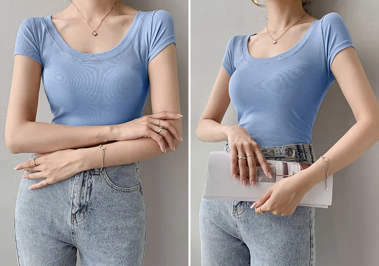 AOSSVIAO 100% Cotton T Shirt Women Summer New Slim Solid Basic Tees 16 Color Casual Tshirt Korean O Neck Khaki Tops