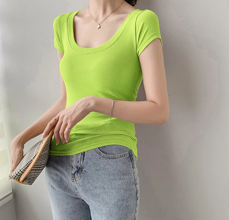 AOSSVIAO 100% Cotton T Shirt Women Summer New Slim Solid Basic Tees 16 Color Casual Tshirt Korean O Neck Khaki Tops