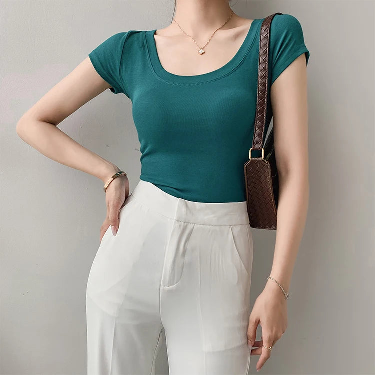 AOSSVIAO 100% Cotton T Shirt Women Summer New Slim Solid Basic Tees 16 Color Casual Tshirt Korean O Neck Khaki Tops