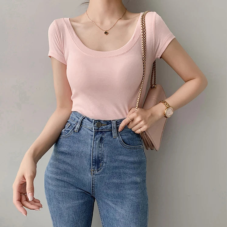 AOSSVIAO 100% Cotton T Shirt Women Summer New Slim Solid Basic Tees 16 Color Casual Tshirt Korean O Neck Khaki Tops