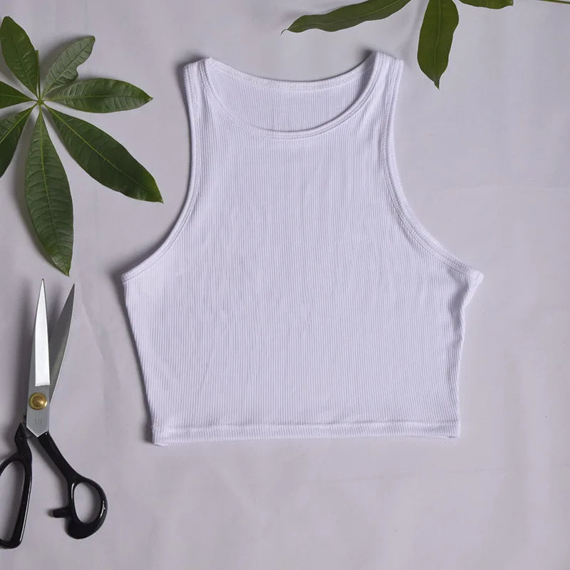 2021 Summer Slim Render Short Top Sexy Women Sleeveless O Croptops Tank Tops Solid Black/White Crop Vest Tops Wholesale