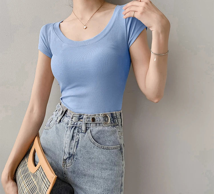 AOSSVIAO 100% Cotton T Shirt Women Summer New Slim Solid Basic Tees 16 Color Casual Tshirt Korean O Neck Khaki Tops