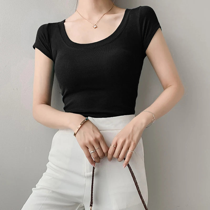 AOSSVIAO 100% Cotton T Shirt Women Summer New Slim Solid Basic Tees 16 Color Casual Tshirt Korean O Neck Khaki Tops