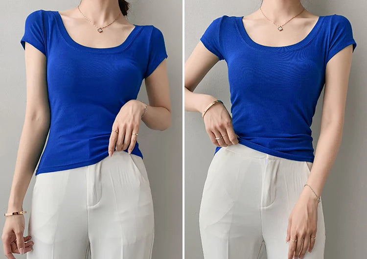 AOSSVIAO 100% Cotton T Shirt Women Summer New Slim Solid Basic Tees 16 Color Casual Tshirt Korean O Neck Khaki Tops