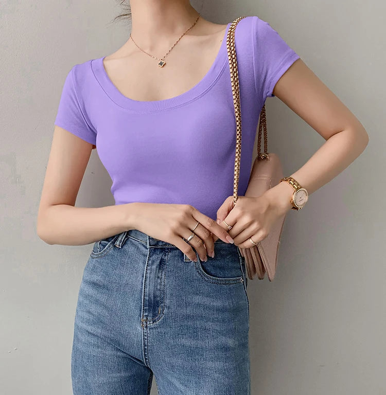 AOSSVIAO 100% Cotton T Shirt Women Summer New Slim Solid Basic Tees 16 Color Casual Tshirt Korean O Neck Khaki Tops