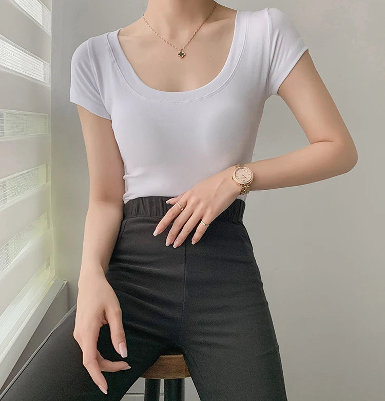 AOSSVIAO 100% Cotton T Shirt Women Summer New Slim Solid Basic Tees 16 Color Casual Tshirt Korean O Neck Khaki Tops