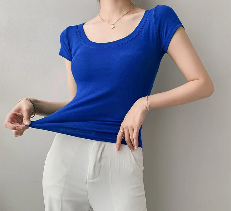 AOSSVIAO 100% Cotton T Shirt Women Summer New Slim Solid Basic Tees 16 Color Casual Tshirt Korean O Neck Khaki Tops