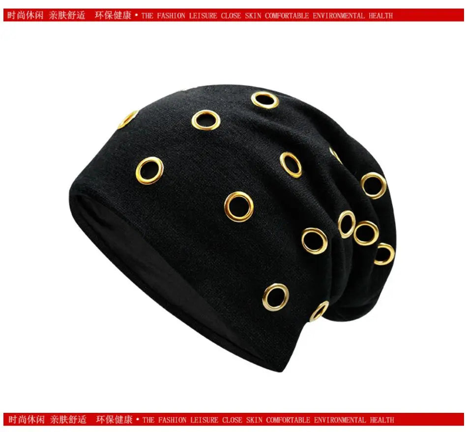 Szblaze Unisex Winter Thermal Punk Style Hat Beanies Skullies With Metal Rings Hip Hop Casual Caps for 56cm to 60cm Heads