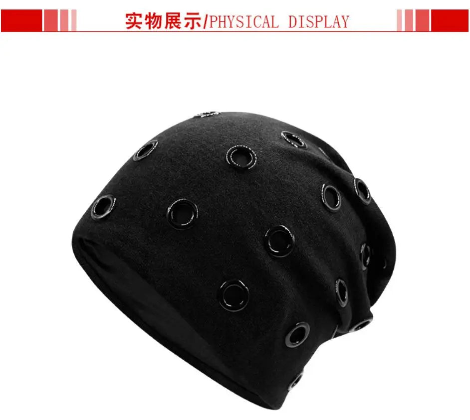 Szblaze Unisex Winter Thermal Punk Style Hat Beanies Skullies With Metal Rings Hip Hop Casual Caps for 56cm to 60cm Heads
