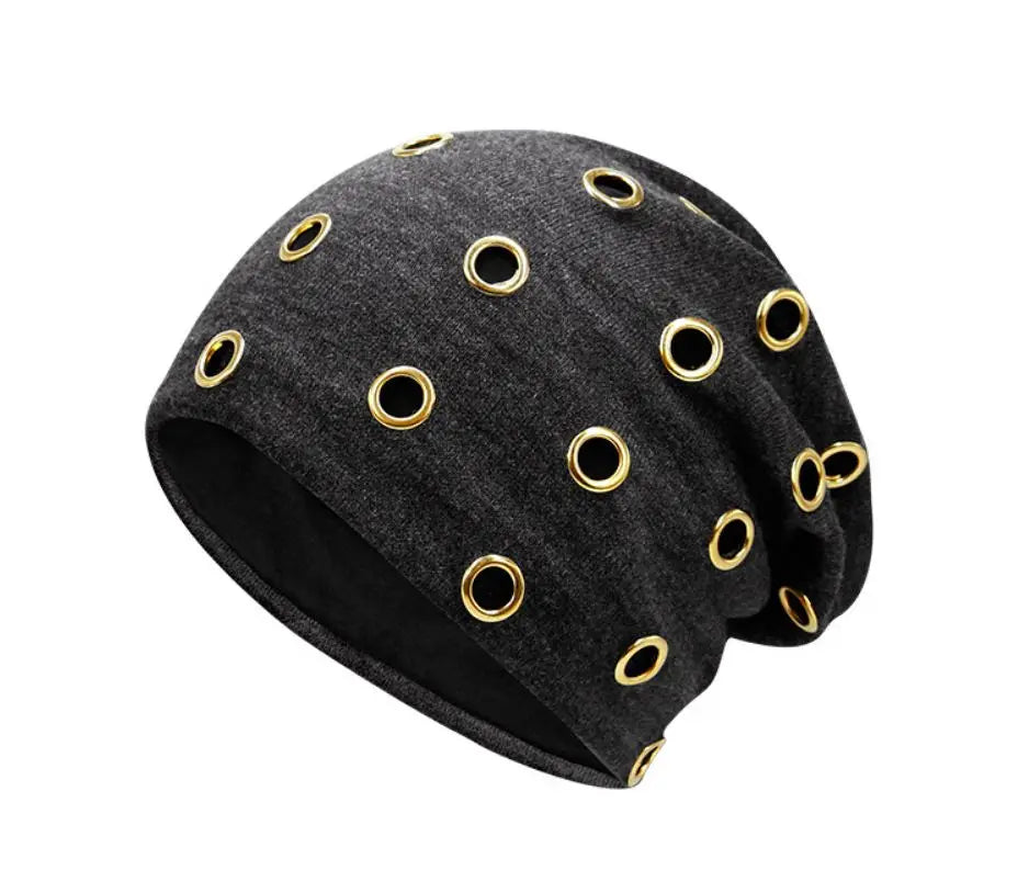 Szblaze Unisex Winter Thermal Punk Style Hat Beanies Skullies With Metal Rings Hip Hop Casual Caps for 56cm to 60cm Heads