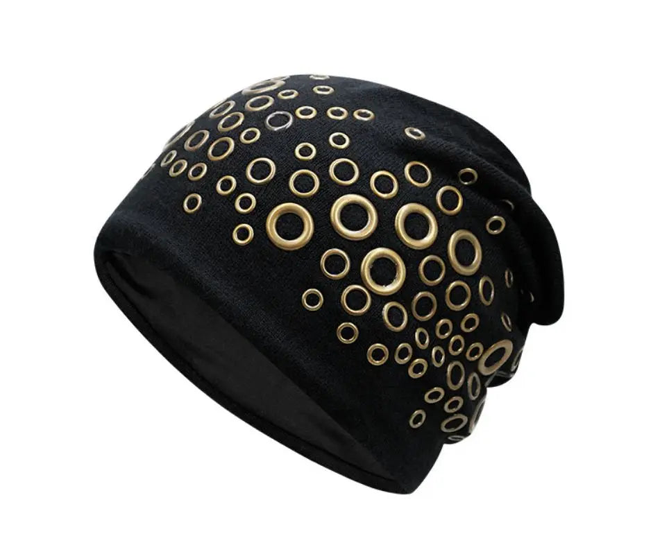 Szblaze Unisex Winter Thermal Punk Style Hat Beanies Skullies With Metal Rings Hip Hop Casual Caps for 56cm to 60cm Heads