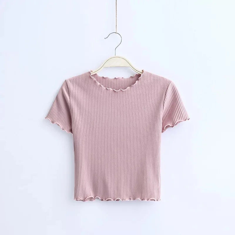 Vintage Wood ears O neck Short sleeve T-shirt 2025 New Woman Slim Fit t shirt tight tee Summer Retro Tops 6 colors
