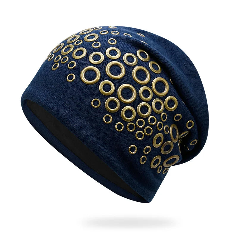 Szblaze Unisex Winter Thermal Punk Style Hat Beanies Skullies With Metal Rings Hip Hop Casual Caps for 56cm to 60cm Heads