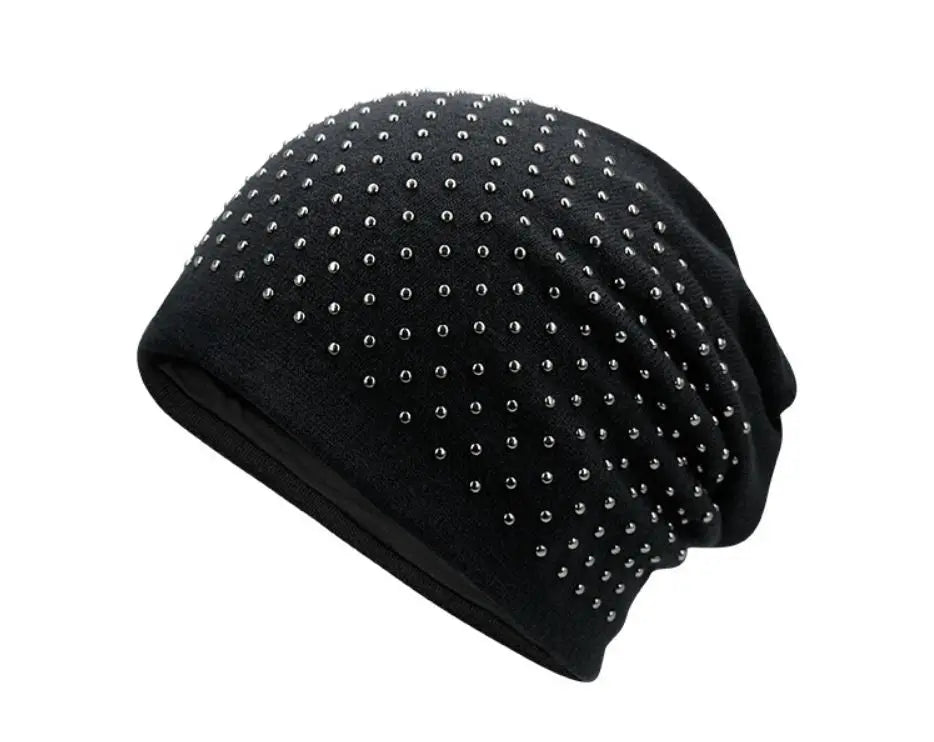 Szblaze Unisex Winter Thermal Punk Style Hat Beanies Skullies With Metal Rings Hip Hop Casual Caps for 56cm to 60cm Heads