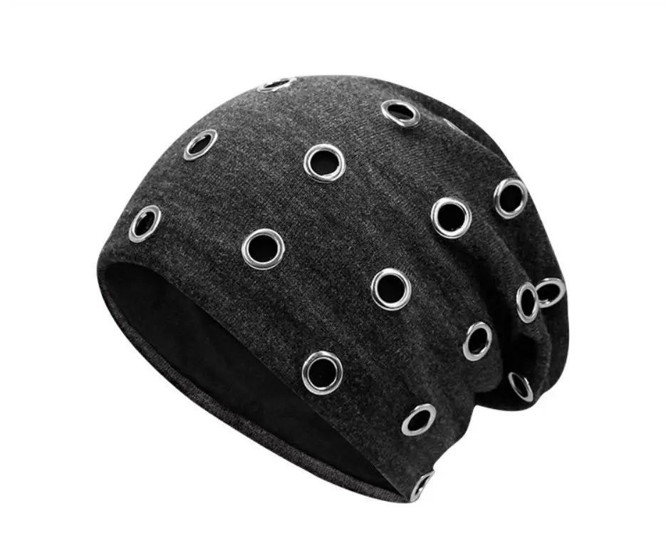 Szblaze Unisex Winter Thermal Punk Style Hat Beanies Skullies With Metal Rings Hip Hop Casual Caps for 56cm to 60cm Heads