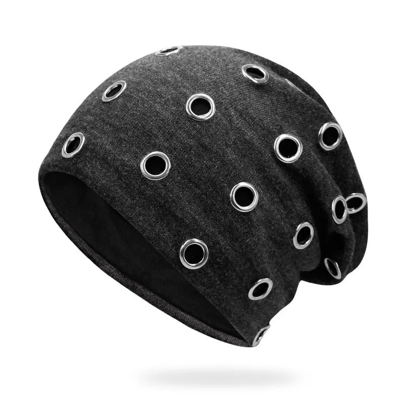 Szblaze Unisex Winter Thermal Punk Style Hat Beanies Skullies With Metal Rings Hip Hop Casual Caps for 56cm to 60cm Heads