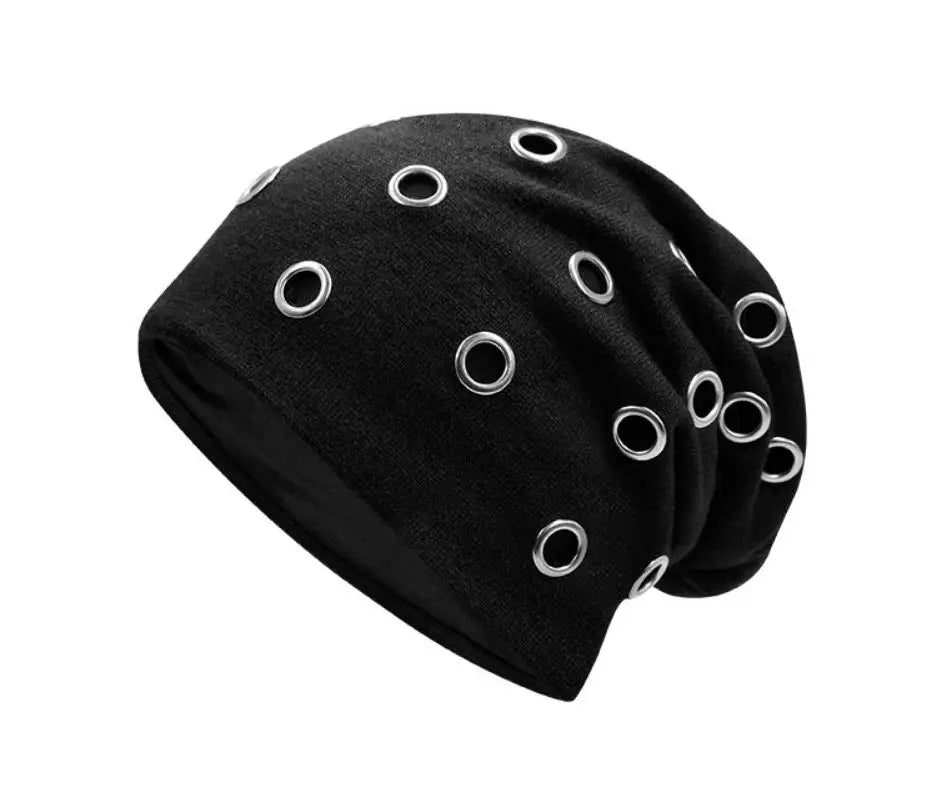 Szblaze Unisex Winter Thermal Punk Style Hat Beanies Skullies With Metal Rings Hip Hop Casual Caps for 56cm to 60cm Heads