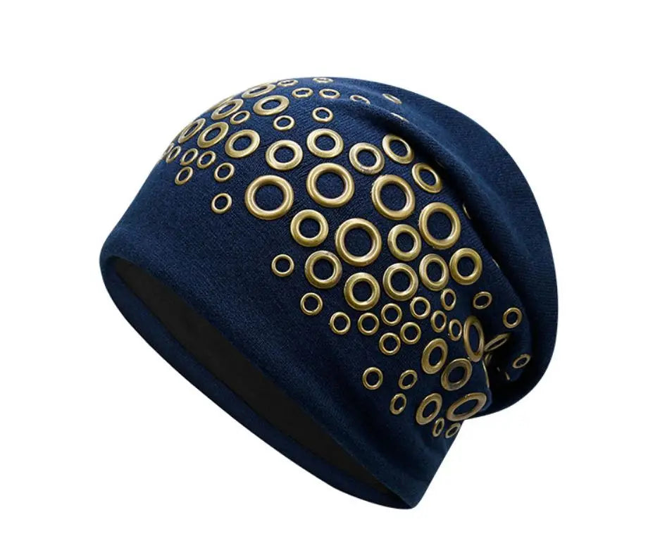 Szblaze Unisex Winter Thermal Punk Style Hat Beanies Skullies With Metal Rings Hip Hop Casual Caps for 56cm to 60cm Heads
