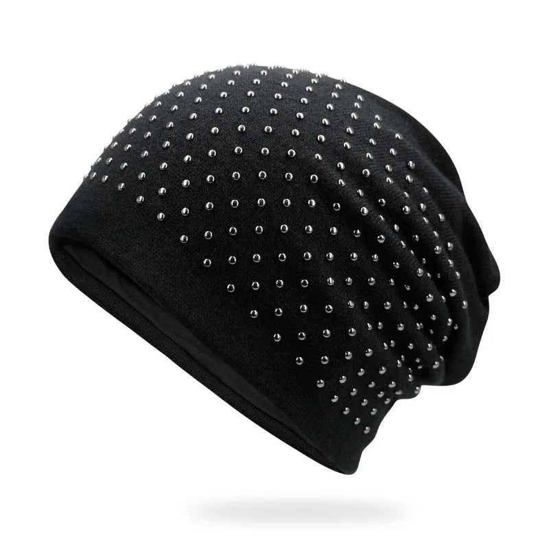 Szblaze Unisex Winter Thermal Punk Style Hat Beanies Skullies With Metal Rings Hip Hop Casual Caps for 56cm to 60cm Heads