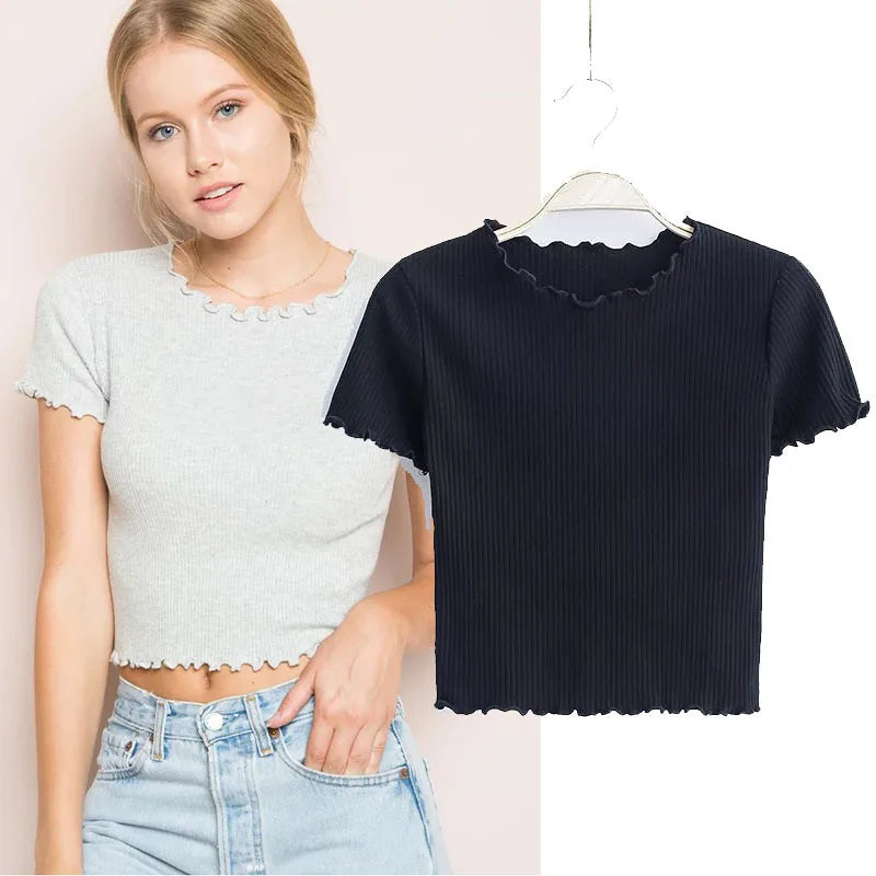 Vintage Wood ears O neck Short sleeve T-shirt 2025 New Woman Slim Fit t shirt tight tee Summer Retro Tops 6 colors