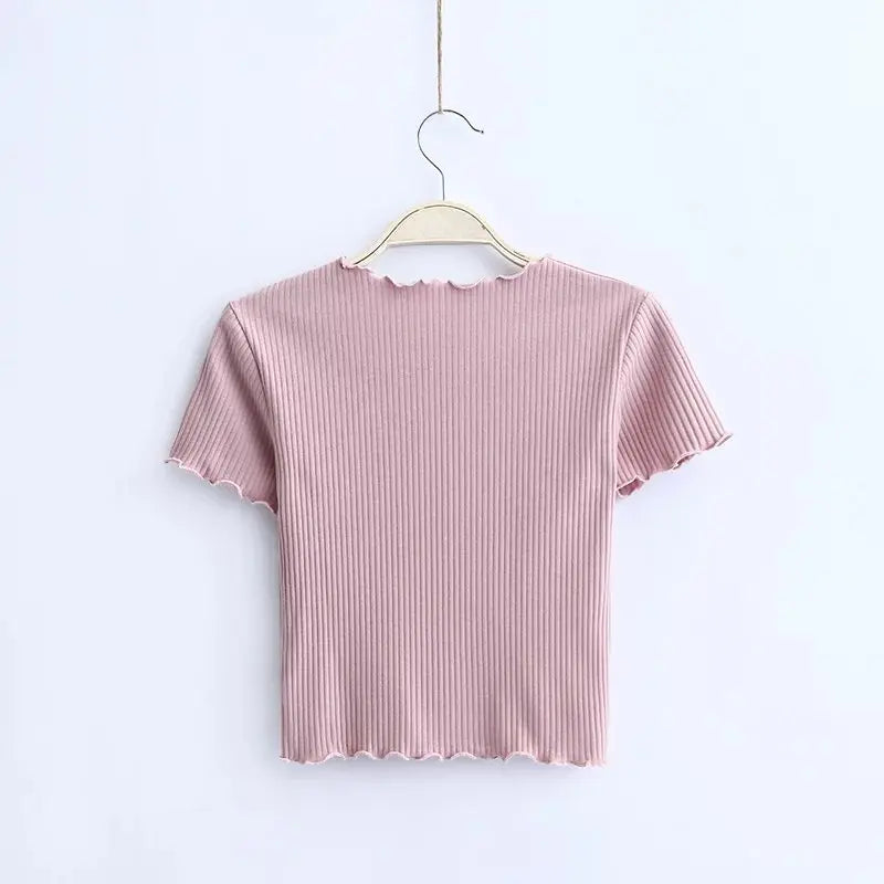 Vintage Wood ears O neck Short sleeve T-shirt 2025 New Woman Slim Fit t shirt tight tee Summer Retro Tops 6 colors