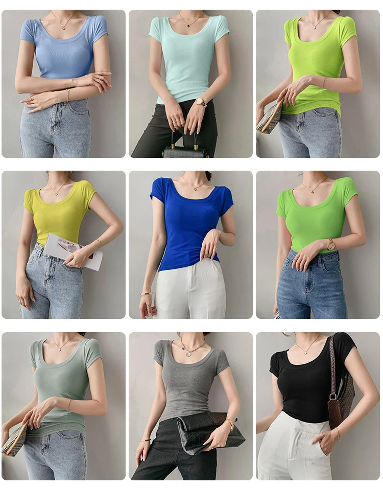 AOSSVIAO 100% Cotton T Shirt Women Summer New Slim Solid Basic Tees 16 Color Casual Tshirt Korean O Neck Khaki Tops