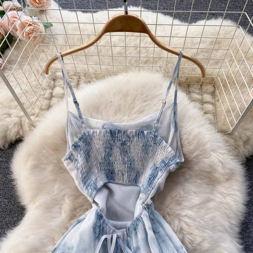 SINGREINY Women Floral Spaghetti Strap Dress Elastic Ruched Sexy Hollow Backless Party Dress Summer Boho Vacation Beach Sundress