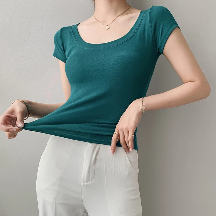 AOSSVIAO 100% Cotton T Shirt Women Summer New Slim Solid Basic Tees 16 Color Casual Tshirt Korean O Neck Khaki Tops