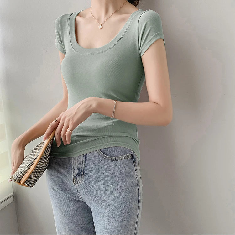 AOSSVIAO 100% Cotton T Shirt Women Summer New Slim Solid Basic Tees 16 Color Casual Tshirt Korean O Neck Khaki Tops