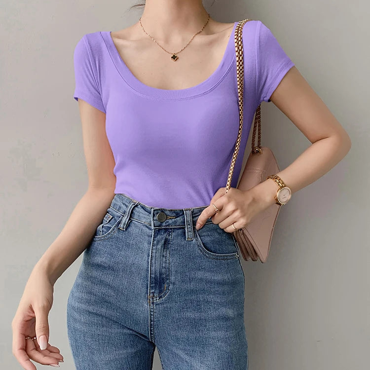 AOSSVIAO 100% Cotton T Shirt Women Summer New Slim Solid Basic Tees 16 Color Casual Tshirt Korean O Neck Khaki Tops