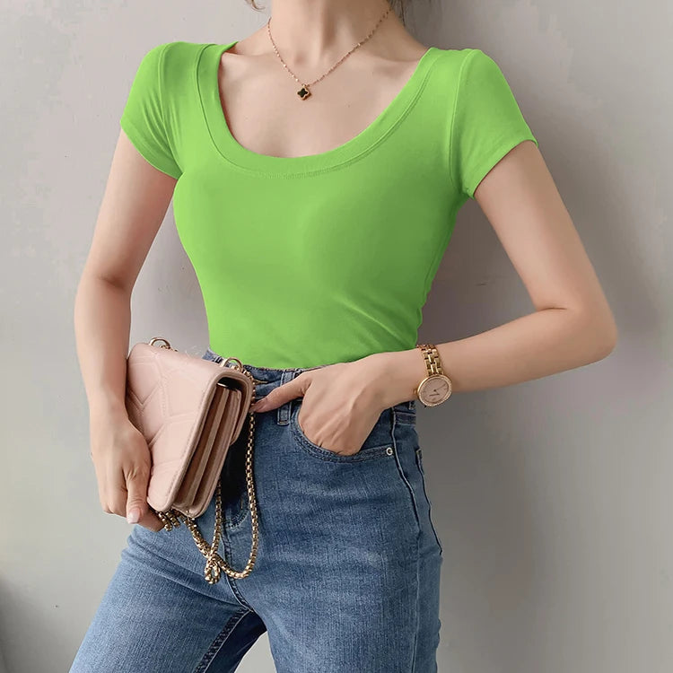 AOSSVIAO 100% Cotton T Shirt Women Summer New Slim Solid Basic Tees 16 Color Casual Tshirt Korean O Neck Khaki Tops