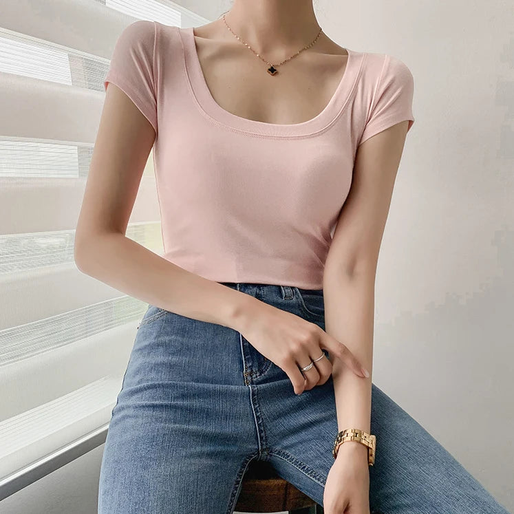AOSSVIAO 100% Cotton T Shirt Women Summer New Slim Solid Basic Tees 16 Color Casual Tshirt Korean O Neck Khaki Tops