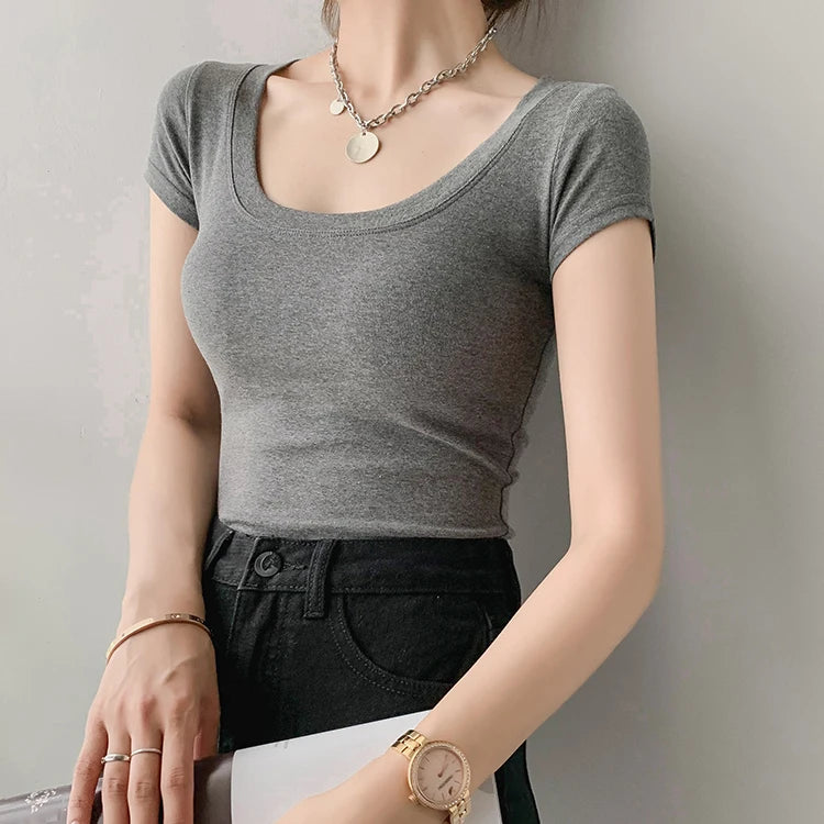 AOSSVIAO 100% Cotton T Shirt Women Summer New Slim Solid Basic Tees 16 Color Casual Tshirt Korean O Neck Khaki Tops