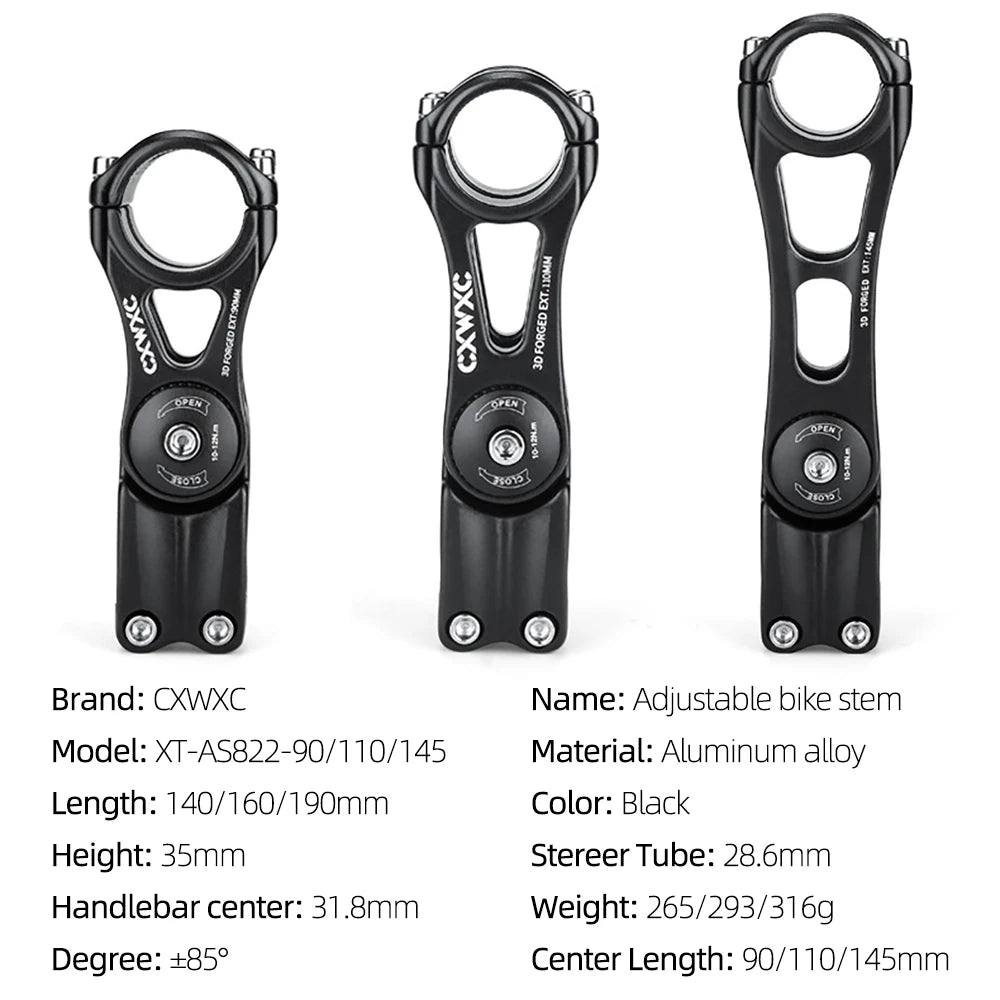 Adjustable MTB Stem For Bike Handlebar Stem 90/110/130/145mm Aluminum Alloy Mountain BMX Fixie Gear Cycling Bicycle Stems Part