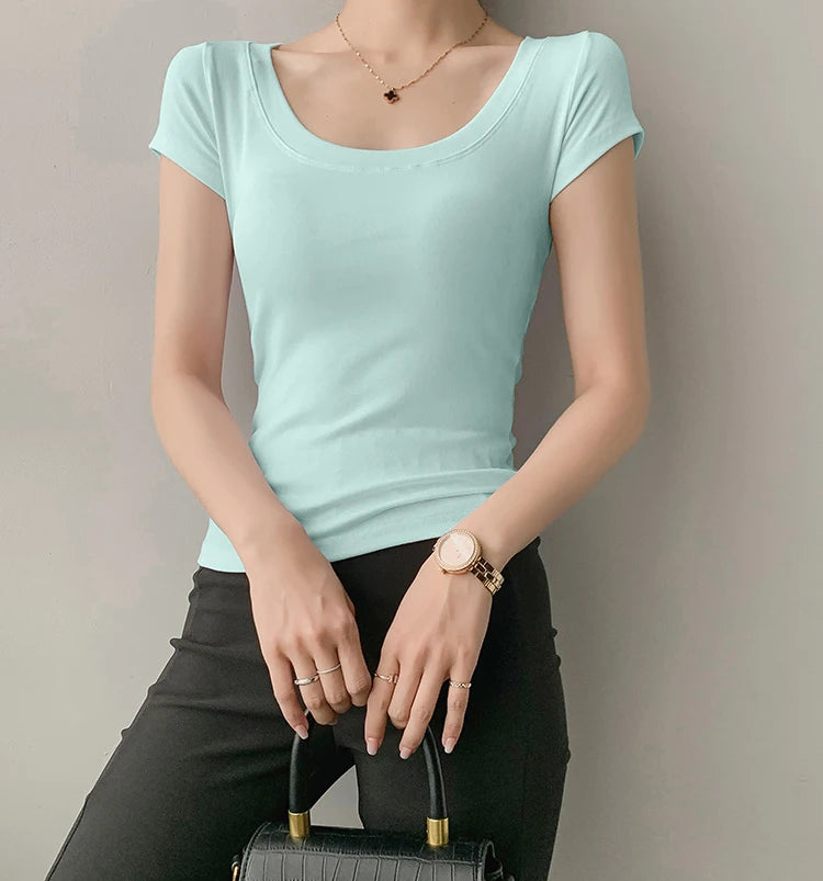AOSSVIAO 100% Cotton T Shirt Women Summer New Slim Solid Basic Tees 16 Color Casual Tshirt Korean O Neck Khaki Tops