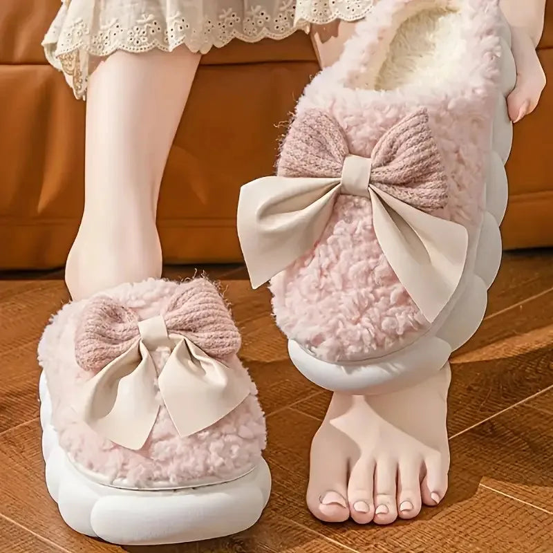 Women'S Bow Designed Fleece-Lined Slippers Soft Sole, Quiet Wear, All-Season Comfort, Ideal for Home Use, Perfect Christmas Gift