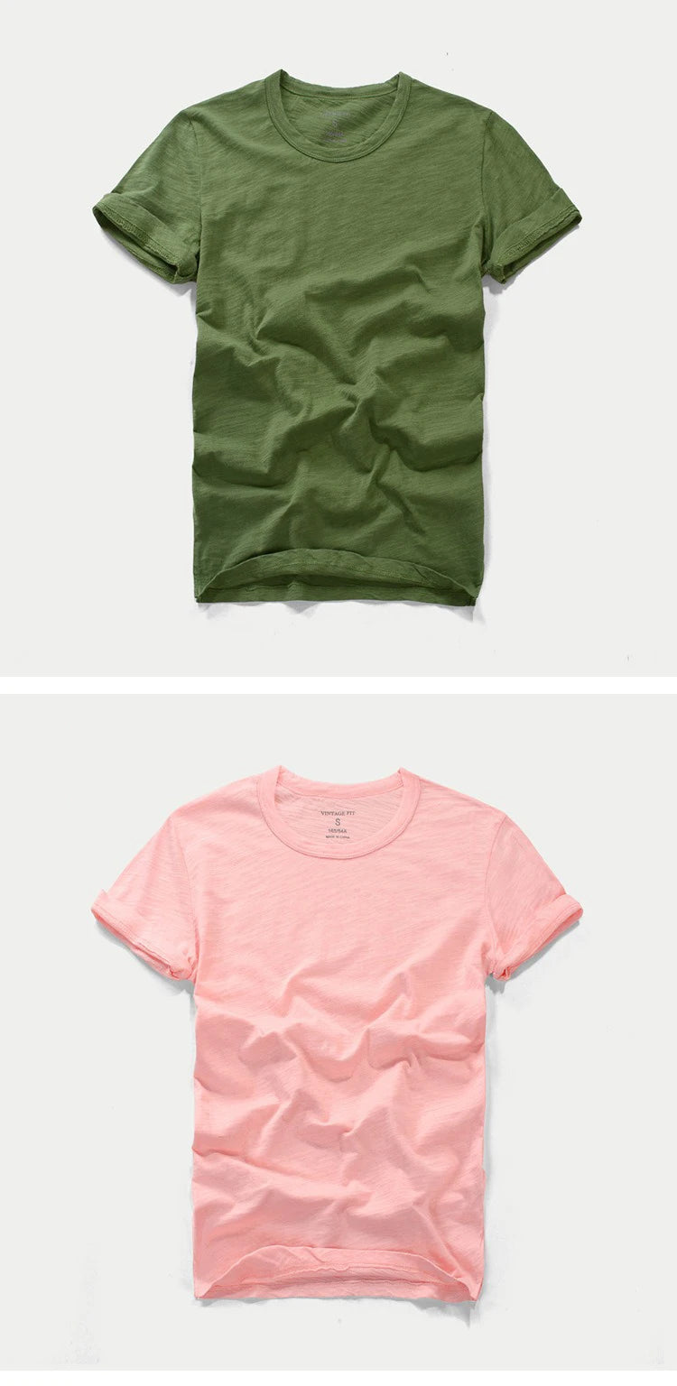 3018 Summer Fashion Short Sleeve Thin T-shirt Solid Color Simple Classic Soft Cozy Round Neck Slub Cotton Men's Casual Tops Tees