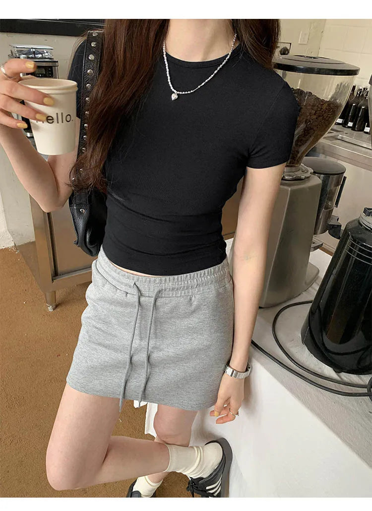 American style spicy girl shoulder T-shirt for women in summer 2025, tight fitting and slimming short top, basic elastic short s