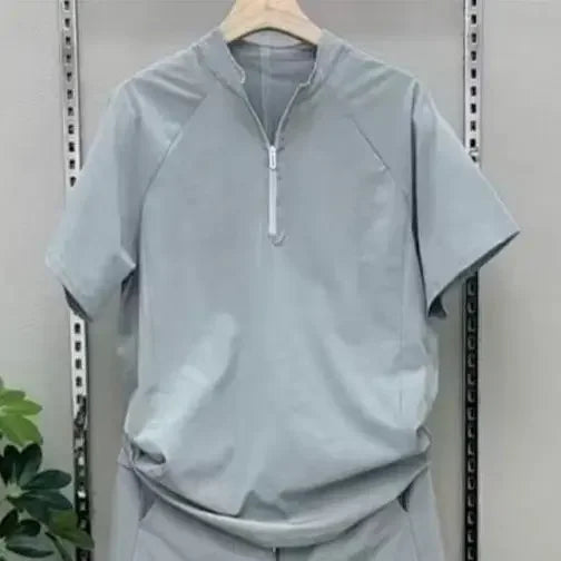 New Men 2 Piece Set Half Zip Stand Collar Loose Quick Dry Breathable Short Sleeve T Shirt Sports Pants Casual Tracksuit