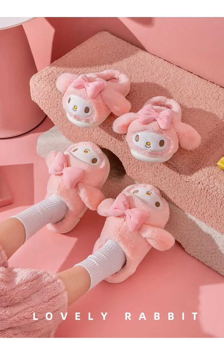Sanrio Plush Slippers Women My Melody Kawaii Anime Cinnamoroll Cotton Shoes Flat Autumn Winter Keep Warm Non-Slip Cute Girl Gift