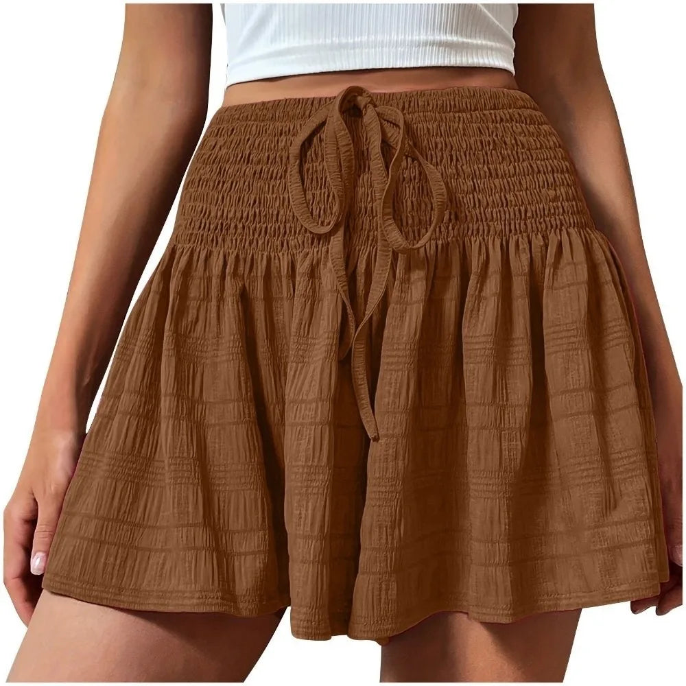 Solid Color Drawstring Women's Short Lace Up Loose Sports Shorts Skirt Summer Pleated Pajama Pants Summer