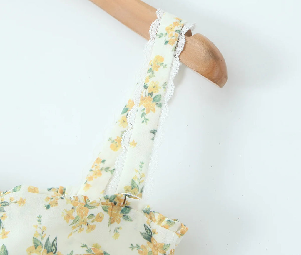 YENKYE Sexy Elegant Women Lace Patchwork Floral Print Sling Midi Dresses Holiday Summer Lady Party Vestidos Cotton Robe