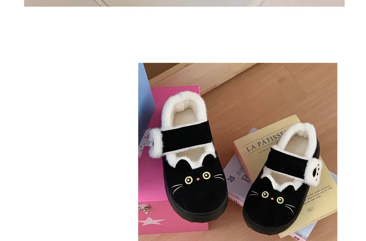 New fuzzy black cat shoes hook loop winter slippers for women indoor mary jane plush shoes mom shallow warm kitty slippers woman