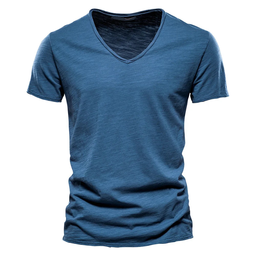 S-5XL 100% Cotton Men's T-Shirts Fashion Design V-neck Casual Slim Fit Basic Solid Summer T Shirt For Men-F037