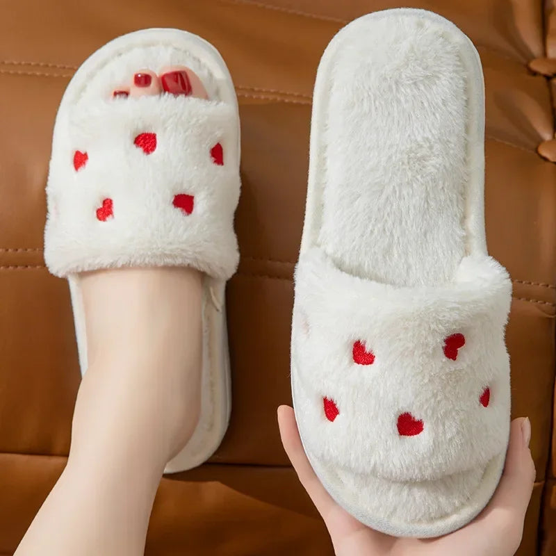 Winter Women Heart Slippers for Home Fur Furry House Slides Men Indoor Floor Soft Sandals Couples Comfortable Cute Flip Flops
