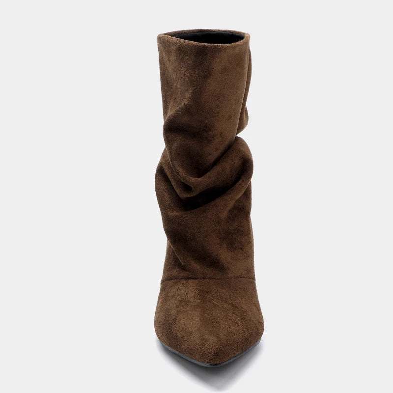 Liyke Winter Pleated Suede Women Shoes Pointed Toe Low Thin Heels Female Brown Retro Elegant Designer Ankle Boots Bottes Femme