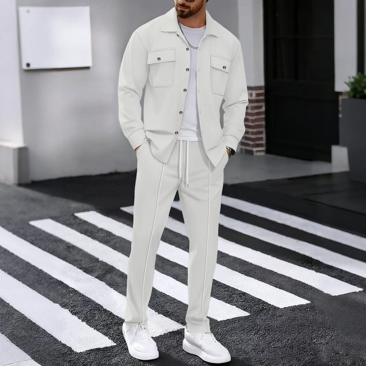 New men's solidcolor waffle longsleeved pants set  high quality fashionable comfortable with doublepocketsworkwearstyle cardigan