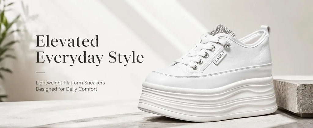 Fujin Casual Shoes For Woman Shoes on Platform Heel Shoes 9 cm 3 inch  White Comfortable High Heel Hidden Chunky Wedge Sneakers